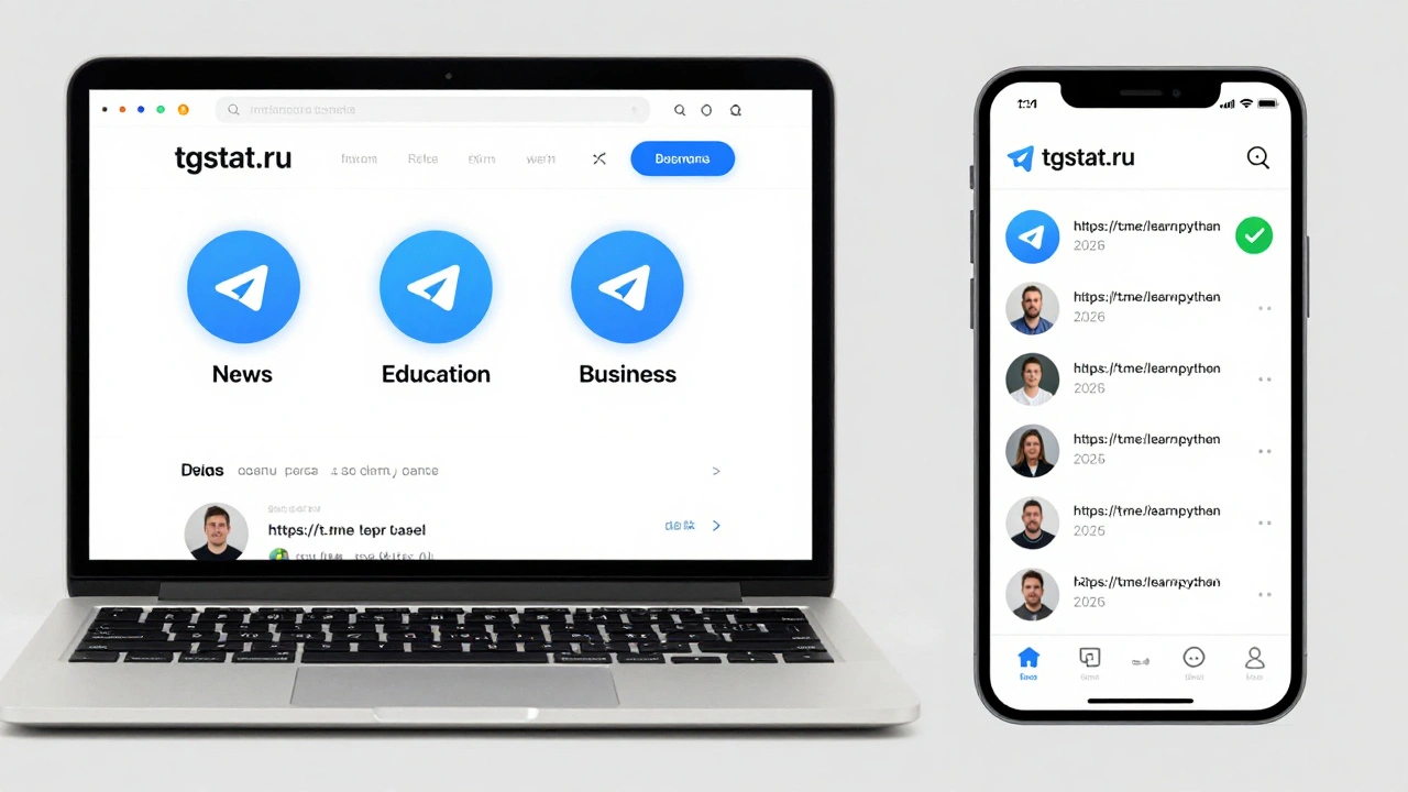 Сравнение сайта tgstat.ru и открытия канала по ссылке в Telegram на экранах компьютера и телефона.