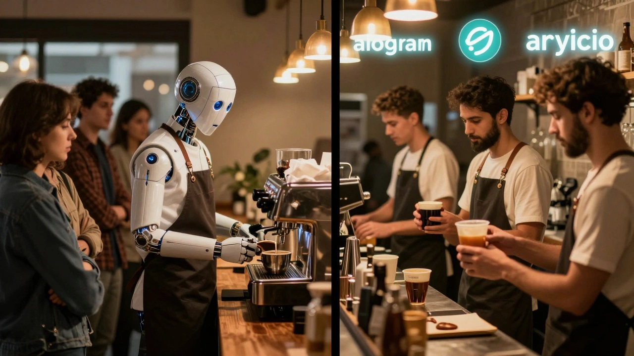 Сравнение синхронного и асинхронного подхода: один бариста в очереди против трёх, работающих параллельно.