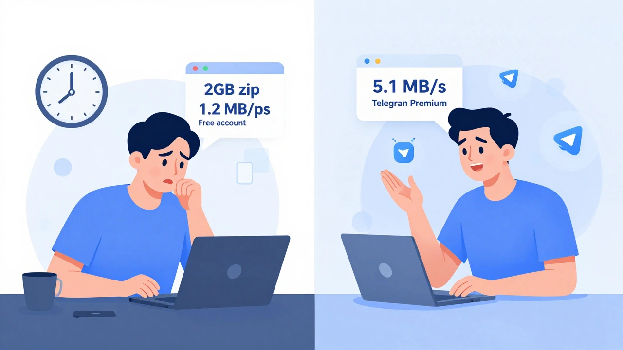 Сравнение скорости загрузки файла в Telegram: медленно для бесплатного пользователя и быстро для премиум-пользователя.