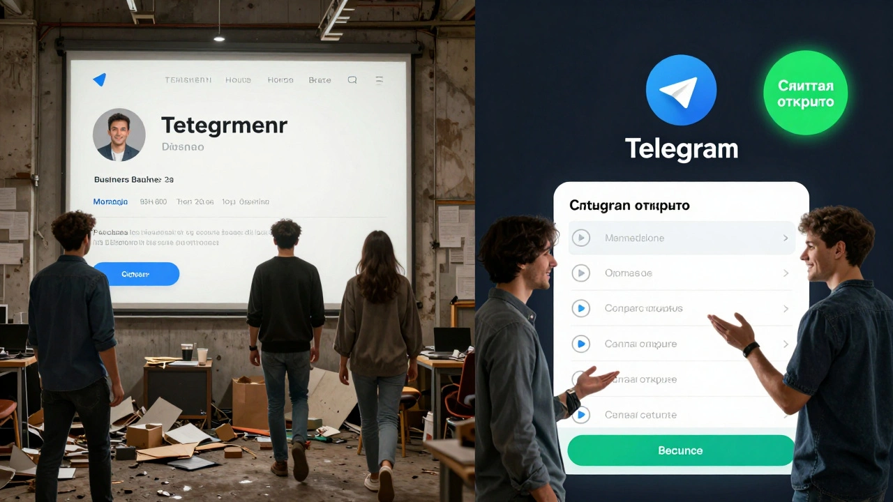 Сравнение: слева — незаполненный профиль и уходящие клиенты, справа — полноценный профиль с 'Сейчас открыто' и приближающимися клиентами.