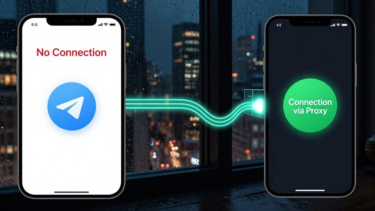 Сравнение состояний Telegram: без соединения и с подключением через прокси на фоне городского пейзажа.