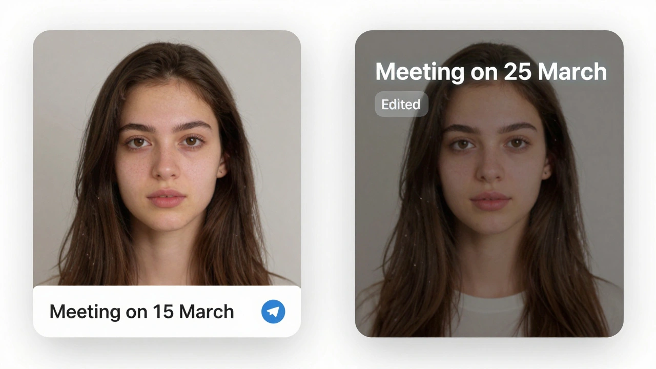 Сравнение старой и новой подписи к фото в Telegram с меткой «Редактировано».