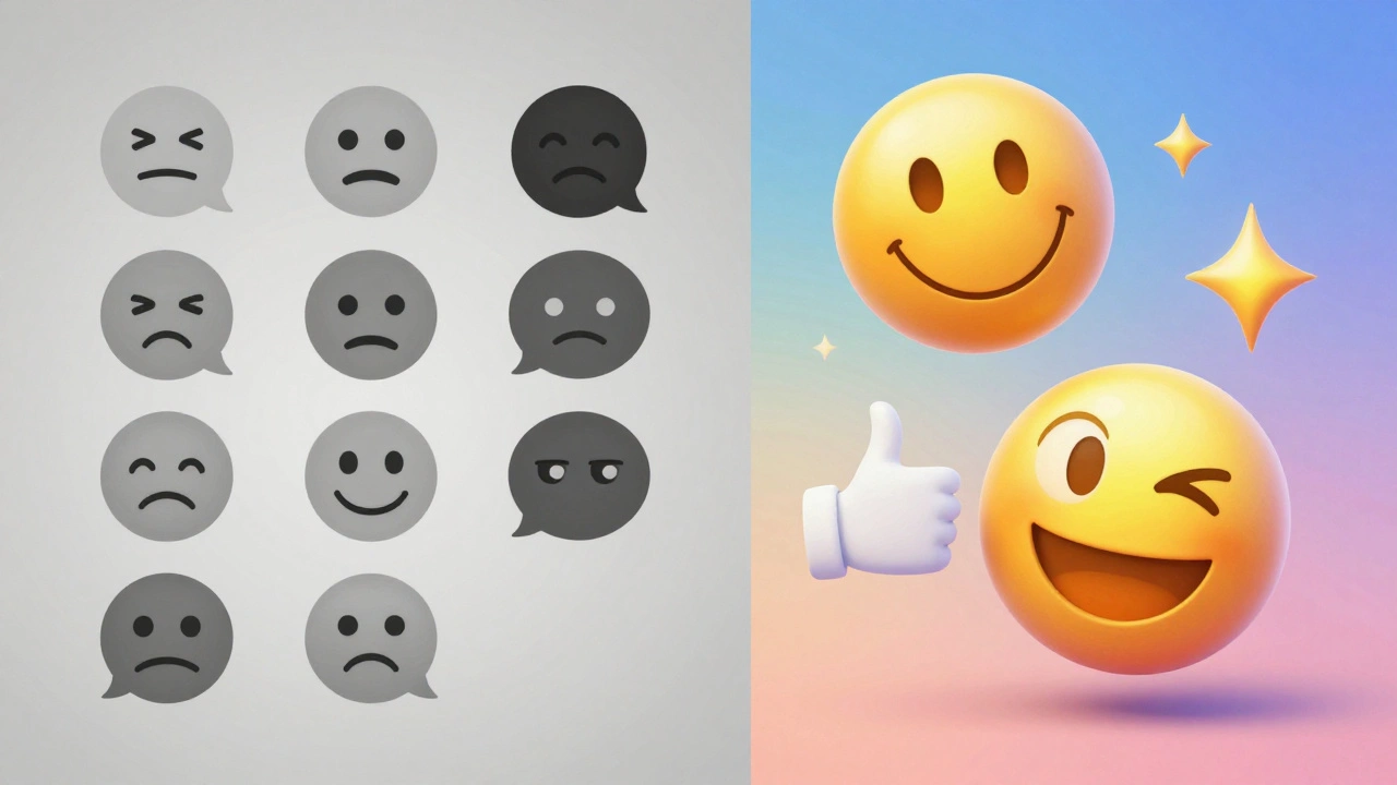 Сравнение статичных и анимированных эмодзи: слева — тусклые значки, справа — живые, яркие анимации.