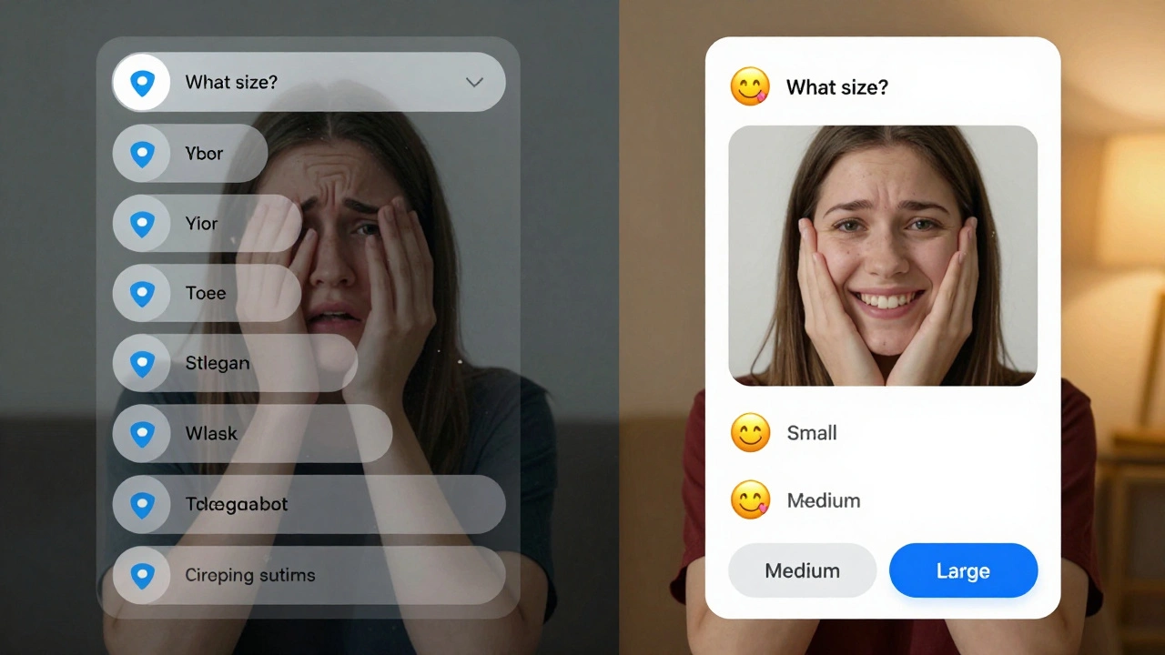 Сравнение: запутанный интерфейс бота слева и простой диалог справа с эмодзи и понятными кнопками.