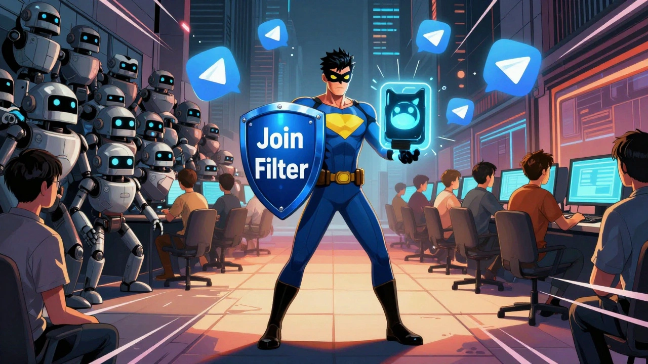 Супергерой с щитом 'Фильтр на вступление' защищает людей от ботов в стиле комикса.