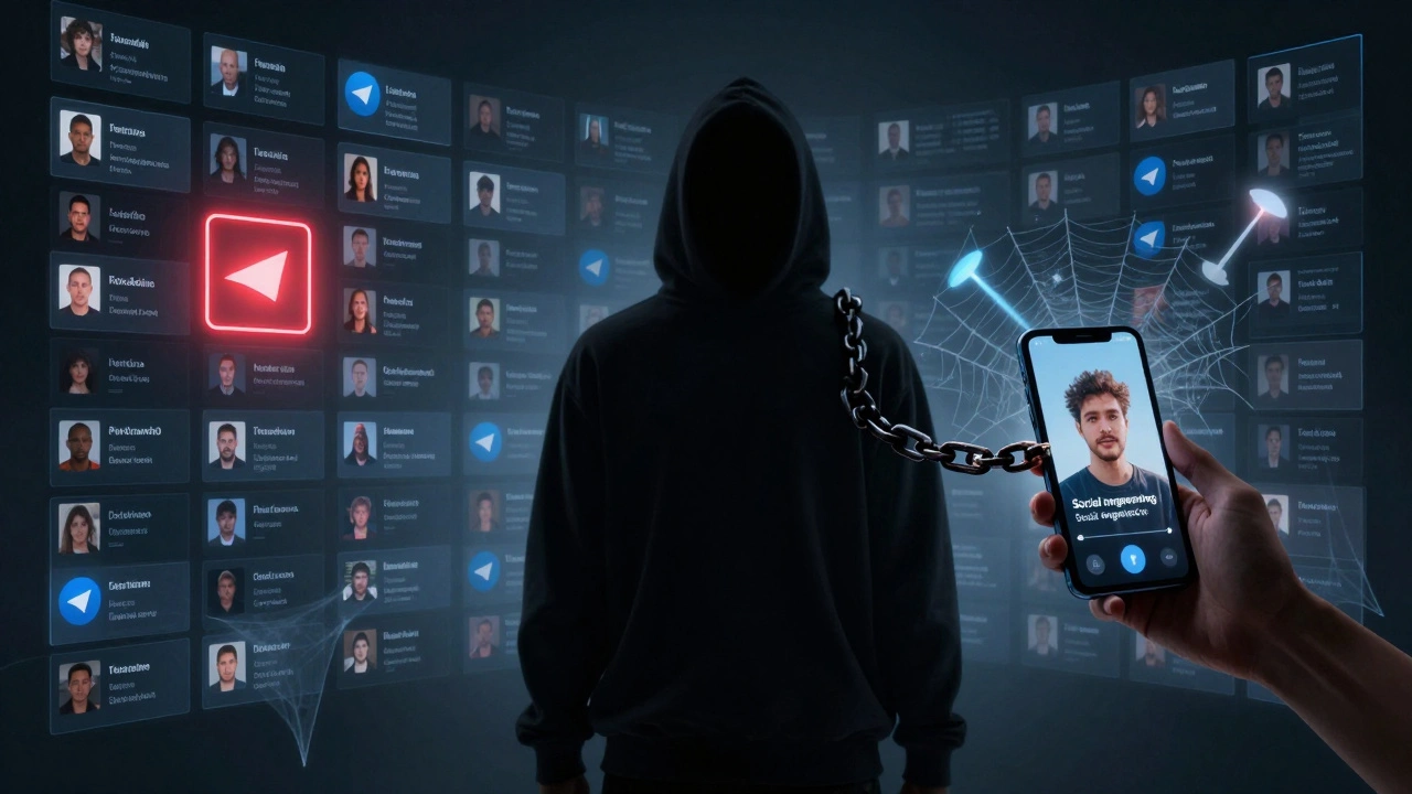 Тень мошенника за сеткой поддельных профилей Telegram, символизирующих социальную инженерию.
