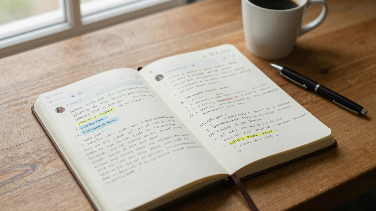 Тетрадь с заметками о болевых точках аудитории и проекцией реальных сообщений из Telegram-чата.