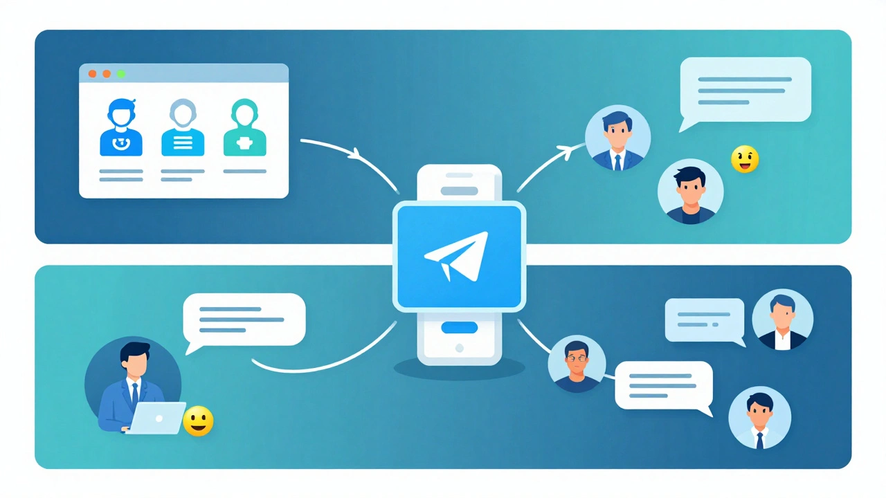 Три взаимосвязанных элемента Telegram-маркетинга: канал, бот и группа, изображённые в виде схемы без текста.
