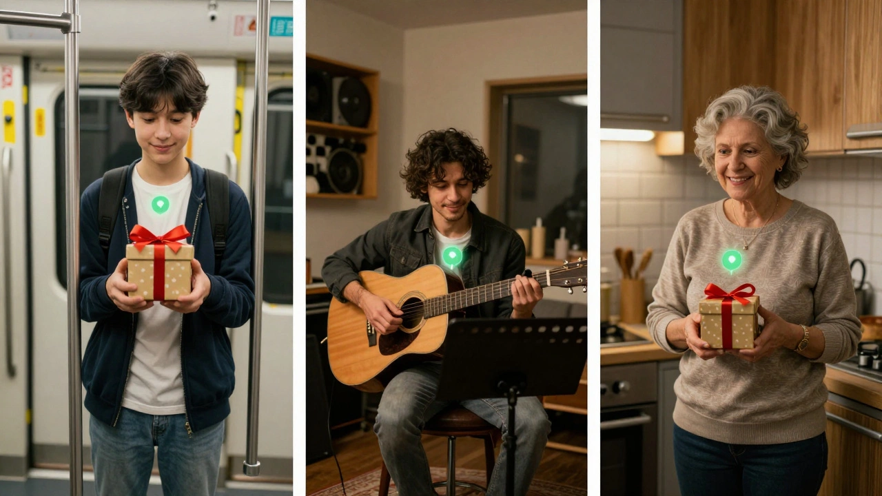Трое людей в разных местах получают цифровые подарки в Telegram, их лица освещены мягким светом от экранов.