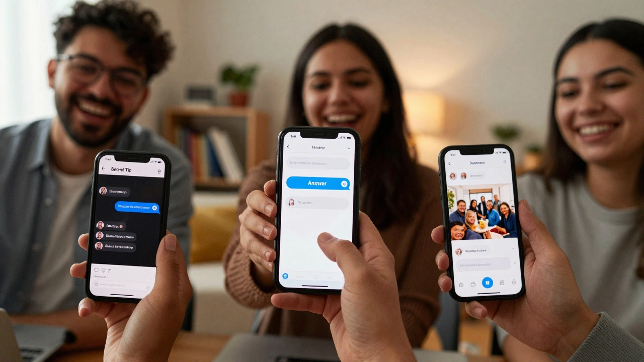 Удалённые сотрудники смотрят на телефоны, где отображаются посты Telegram-канала онбординга.