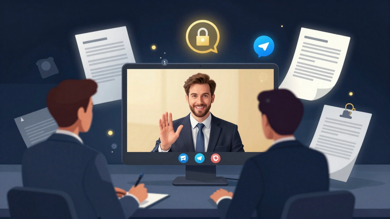 Юрист и клиент в безопасном видеозвонке через Telegram с документами и символами шифрования.