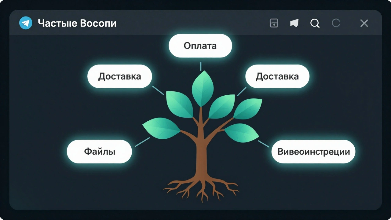Визуальная метафора базы знаний в виде дерева с ветвями, отражающими темы помощи в Telegram.