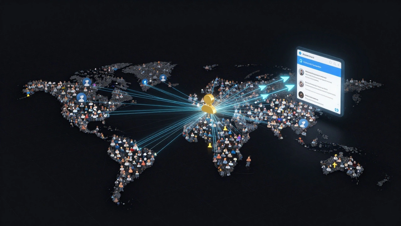 Визуализация коллаборативной фильтрации: пользователи с похожими интересами соединены светящимися линиями, бот рекомендует контент.