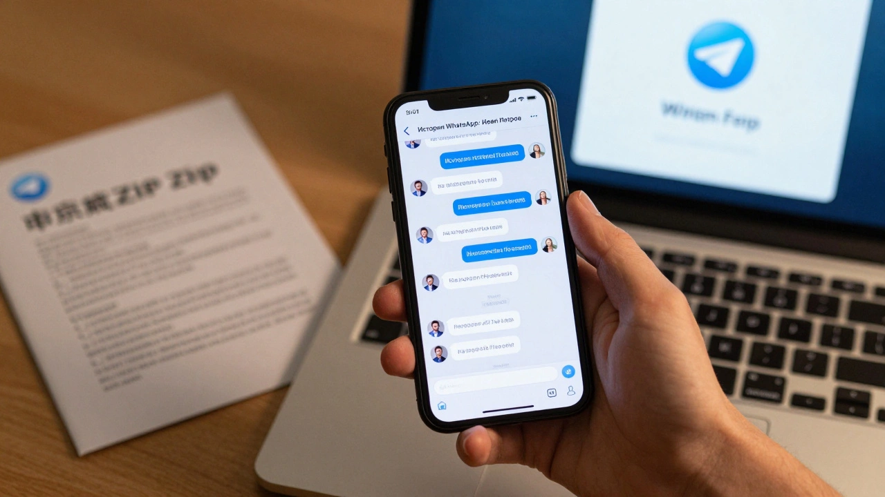 Загруженный чат в Telegram с датами и медиа, рядом — резервная копия в формате ZIP и ноутбук с Telegram Desktop.