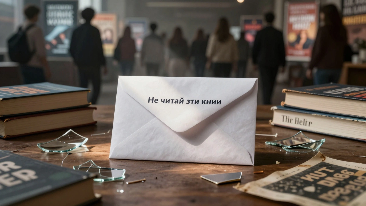 Запечатанный конверт 'Не читай эти книги' на фоне разбитых книг и рекламных плакатов, луч света падает на него.