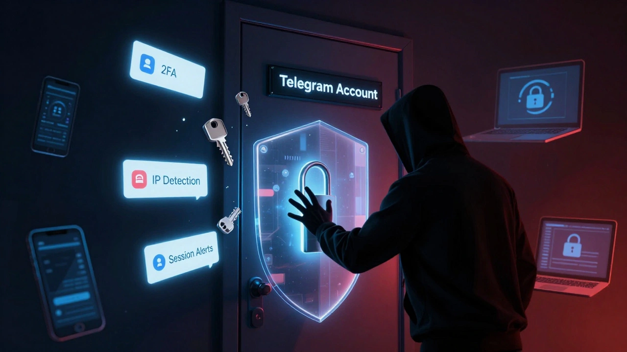 Защищённый цифровой аккаунт Telegram блокирует попытку взлома с помощью уведомлений и двухфакторной аутентификации.