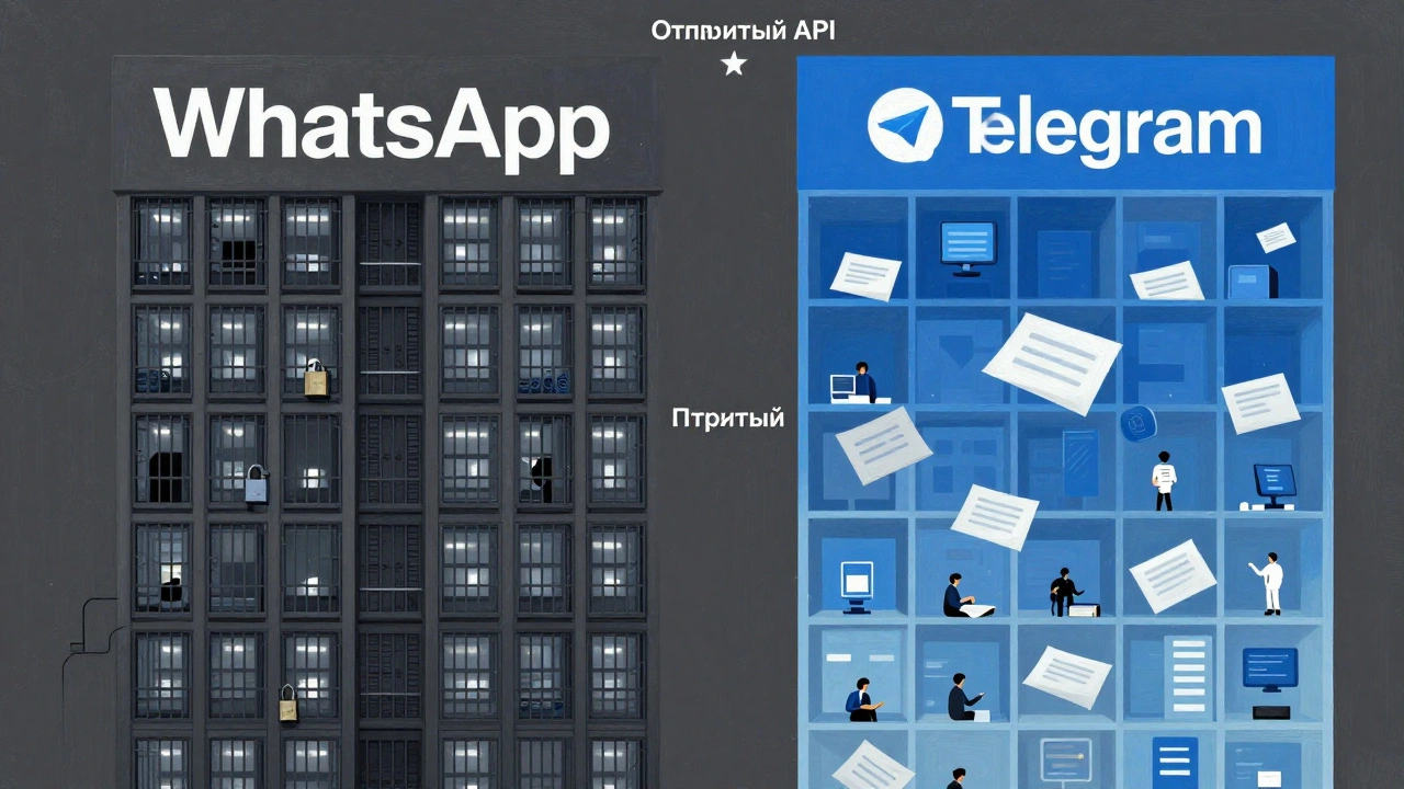 Здание WhatsApp закрыто, а Telegram — прозрачное и полное активности с ботами и файлами.