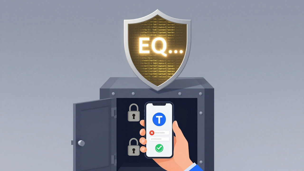 Абстрактная иллюстрация: публичный ключ над щитом блокчейна, частный ключ в защищенном хранилище, пароль зачеркнут.