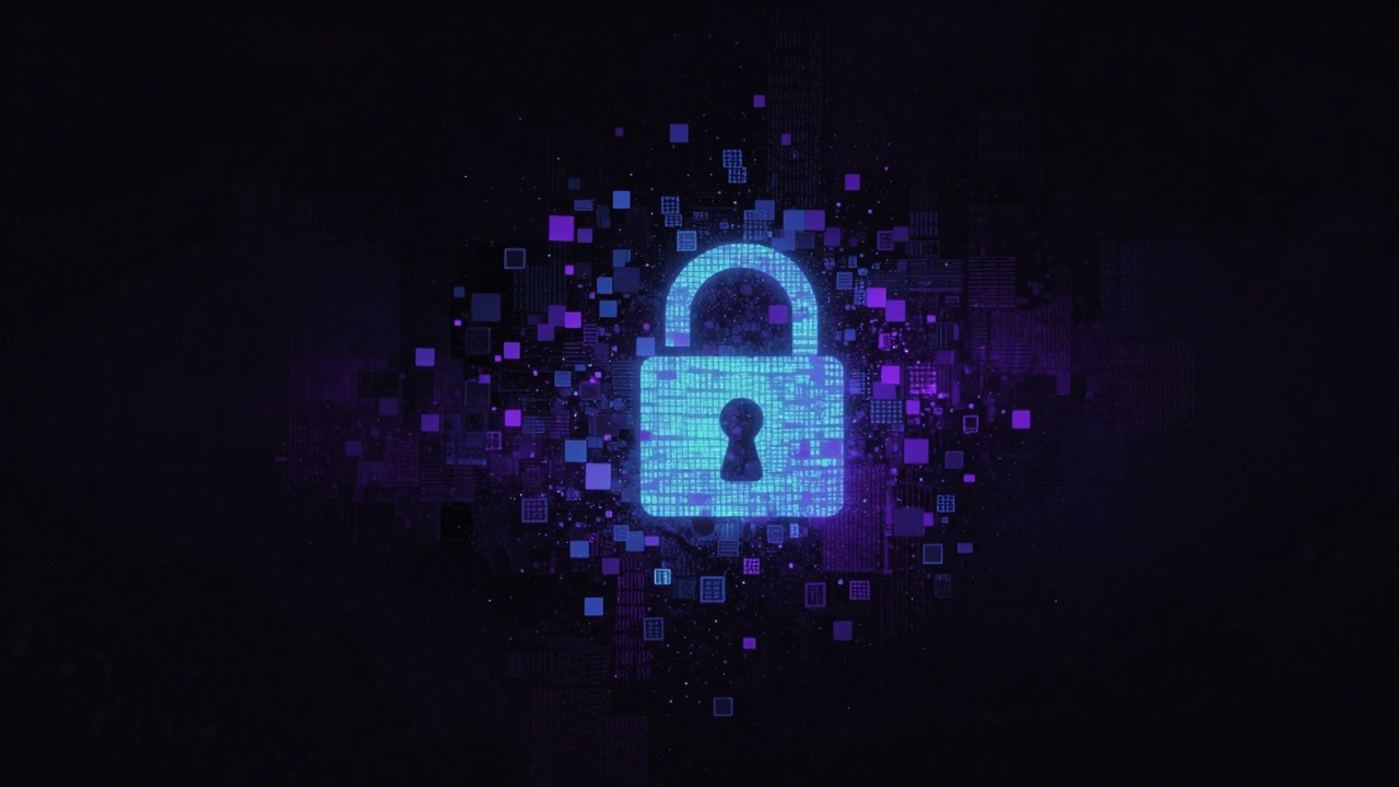 Абстрактное изображение цифрового фото, растворяющегося в виде пикселей, с исчезающим значком замка.