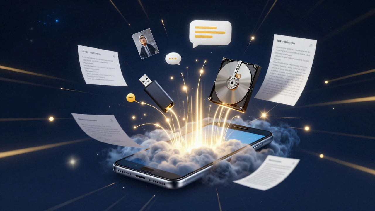 Абстрактное изображение цифровых чатов, переходящих в разные формы хранения данных