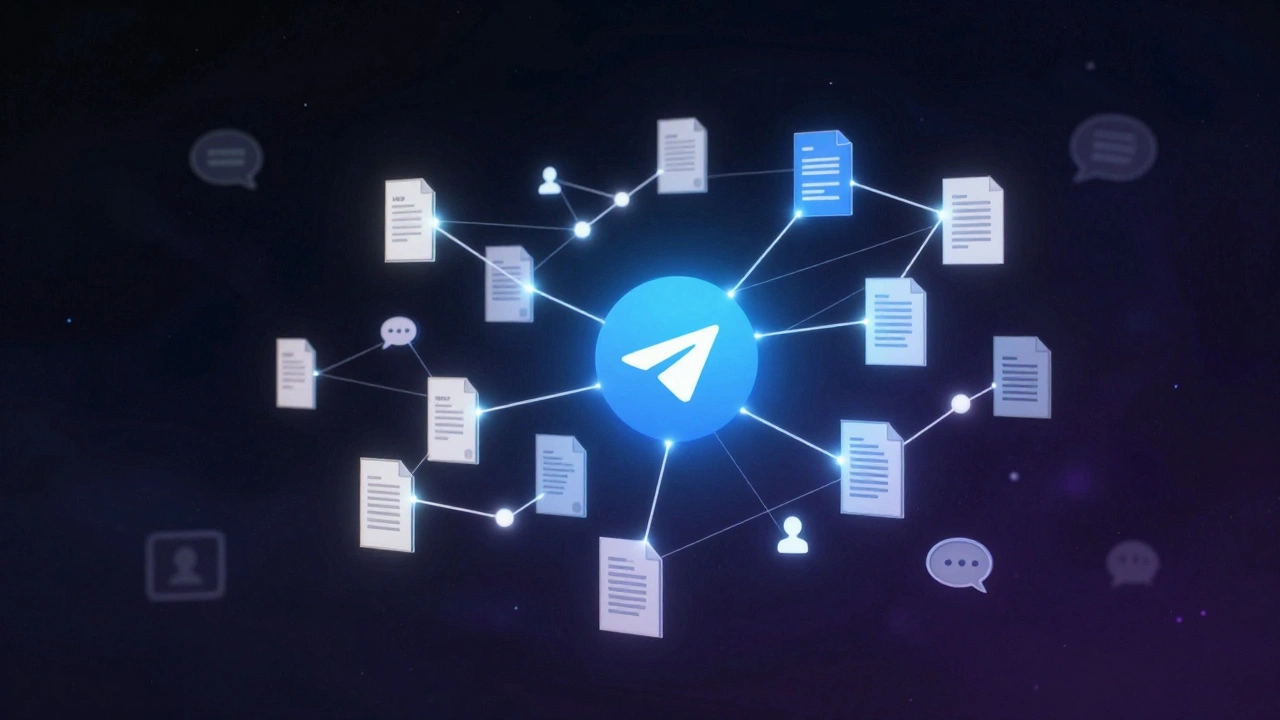 Абстрактное изображение цифровых файлов, связанных с Telegram, как космическая сеть памяти.