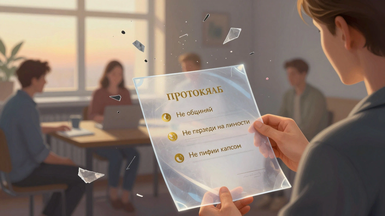 Администратор держит хрустальный протокол с тремя золотыми правилами, вокруг — развеянные остатки конфликтов, на фоне — спокойное сообщество.