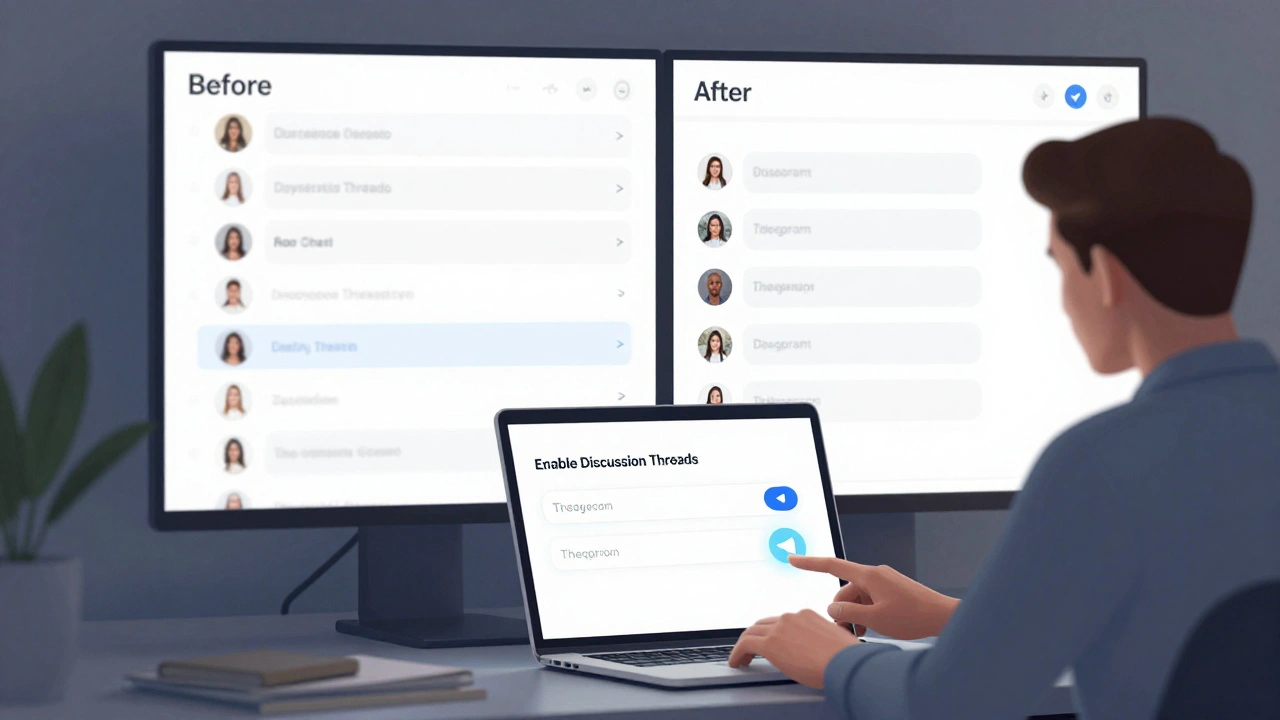 Администратор включает функцию веток обсуждения в настройках группы Telegram на ноутбуке.