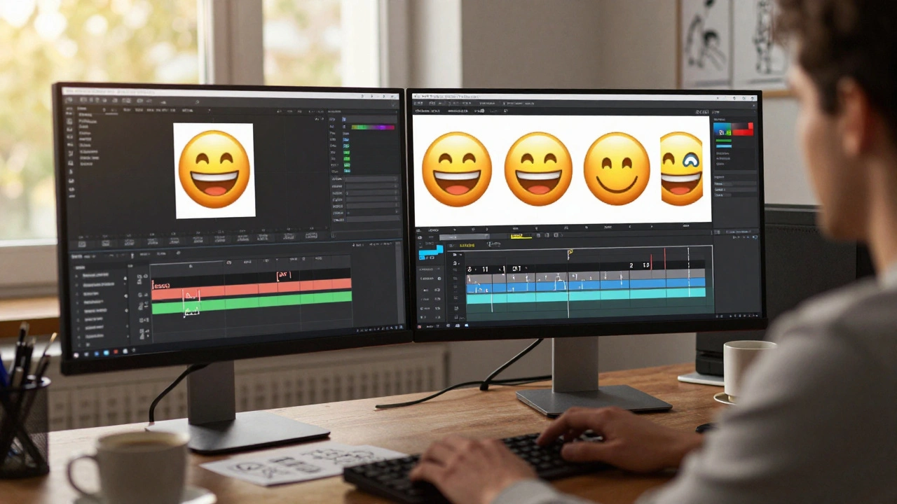 Аниматор работает в After Effects над стикером смайлика с ключевыми кадрами на экране