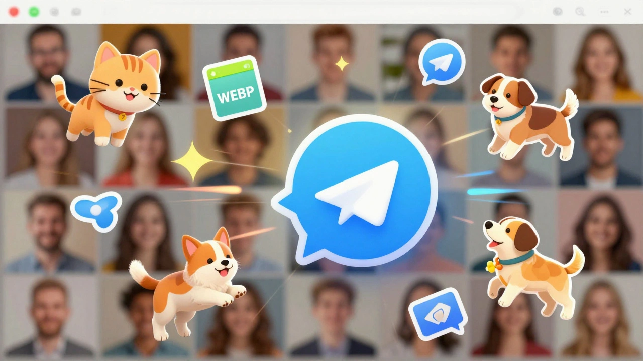 Анимированные стикеры летят в чате Telegram, пользователи обмениваются эмоциями