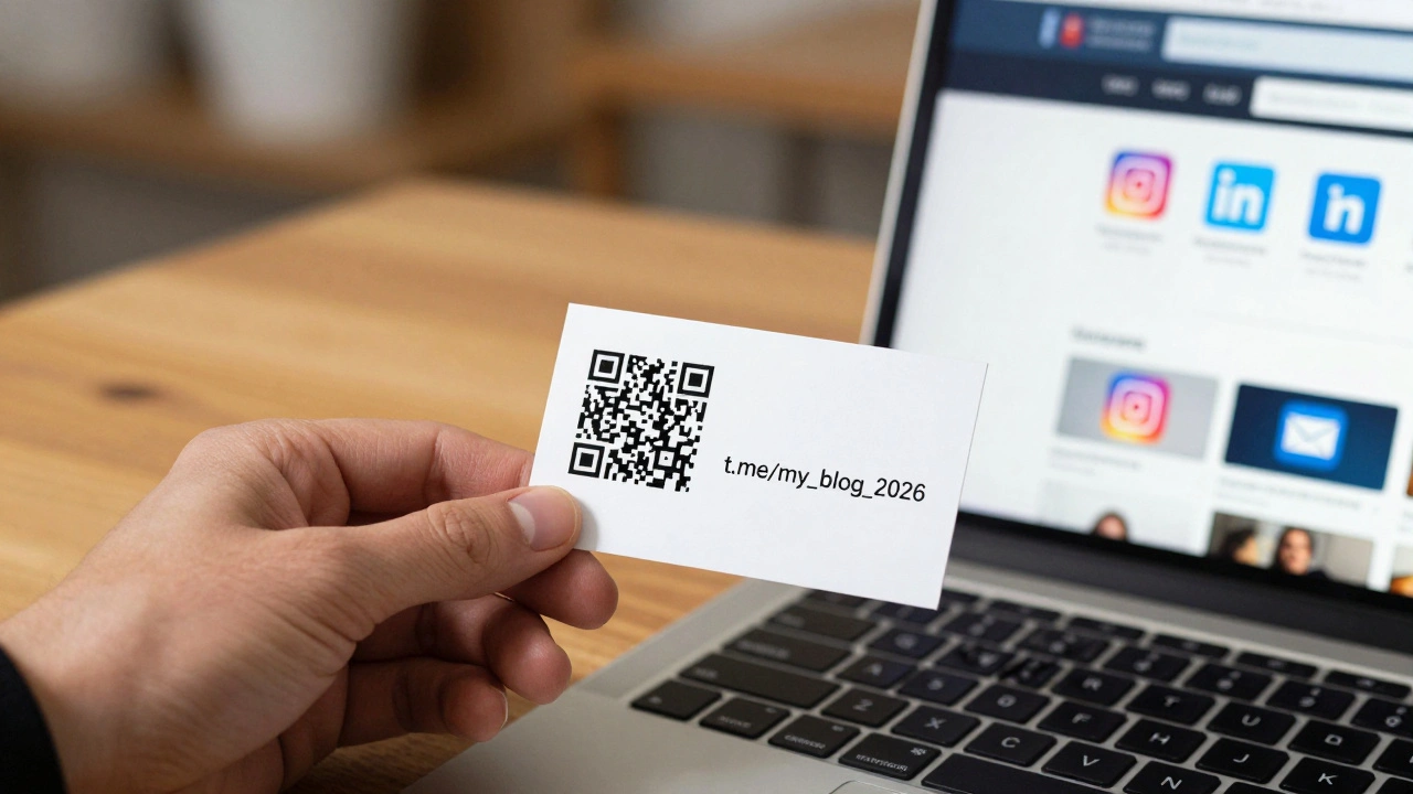 Бизнес-визитка с QR-кодом, ведущим на t.me/my_blog_2026, лежит рядом с ноутбуком, открытым на странице Telegram-канала.