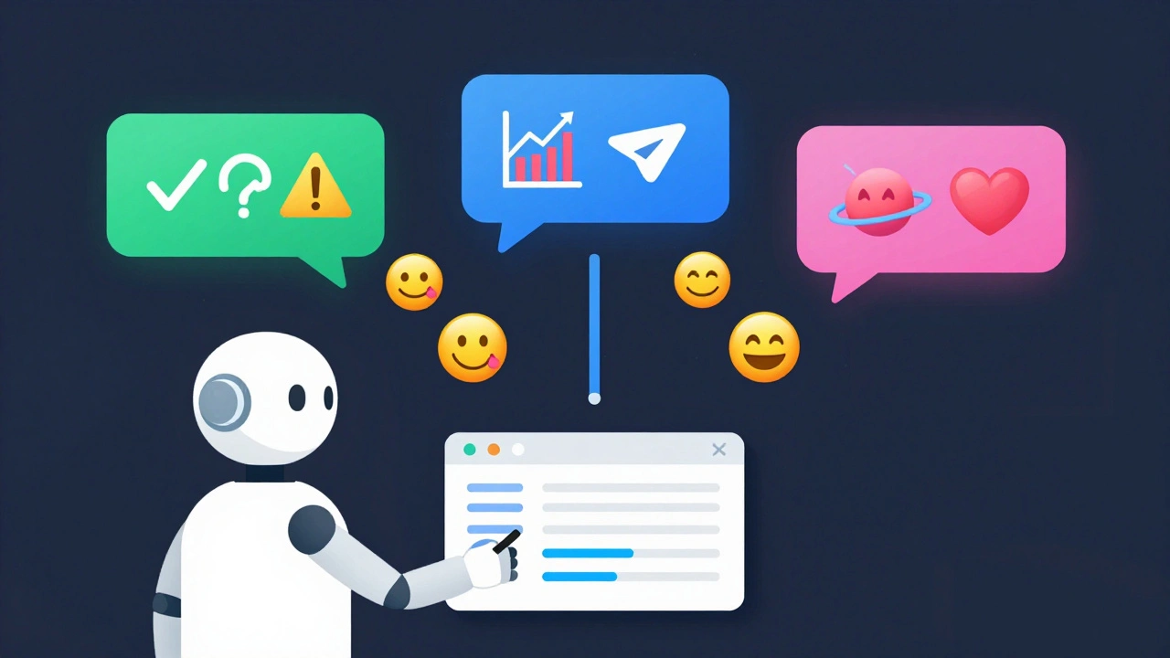 Бот управляет кастомными эмодзи в трёх разных чатах: поддержке, маркетинге и фан-клубе.