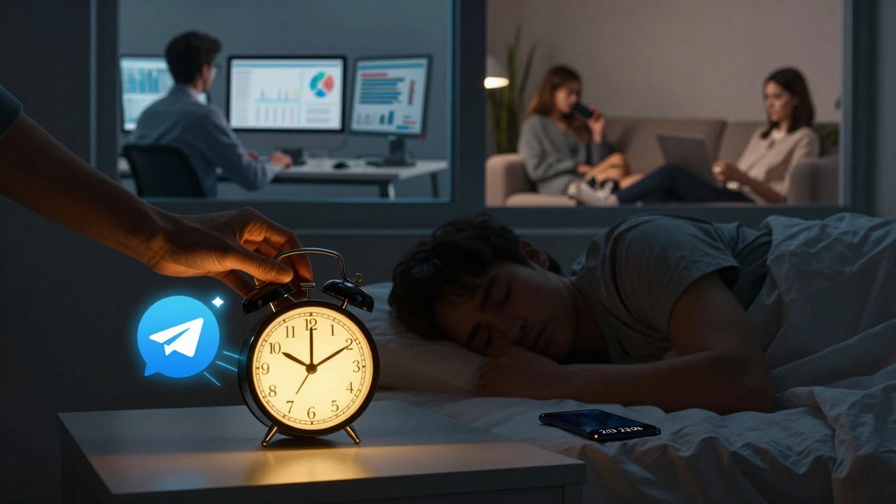 Часы с уведомлением Telegram и тень спящего человека в темноте