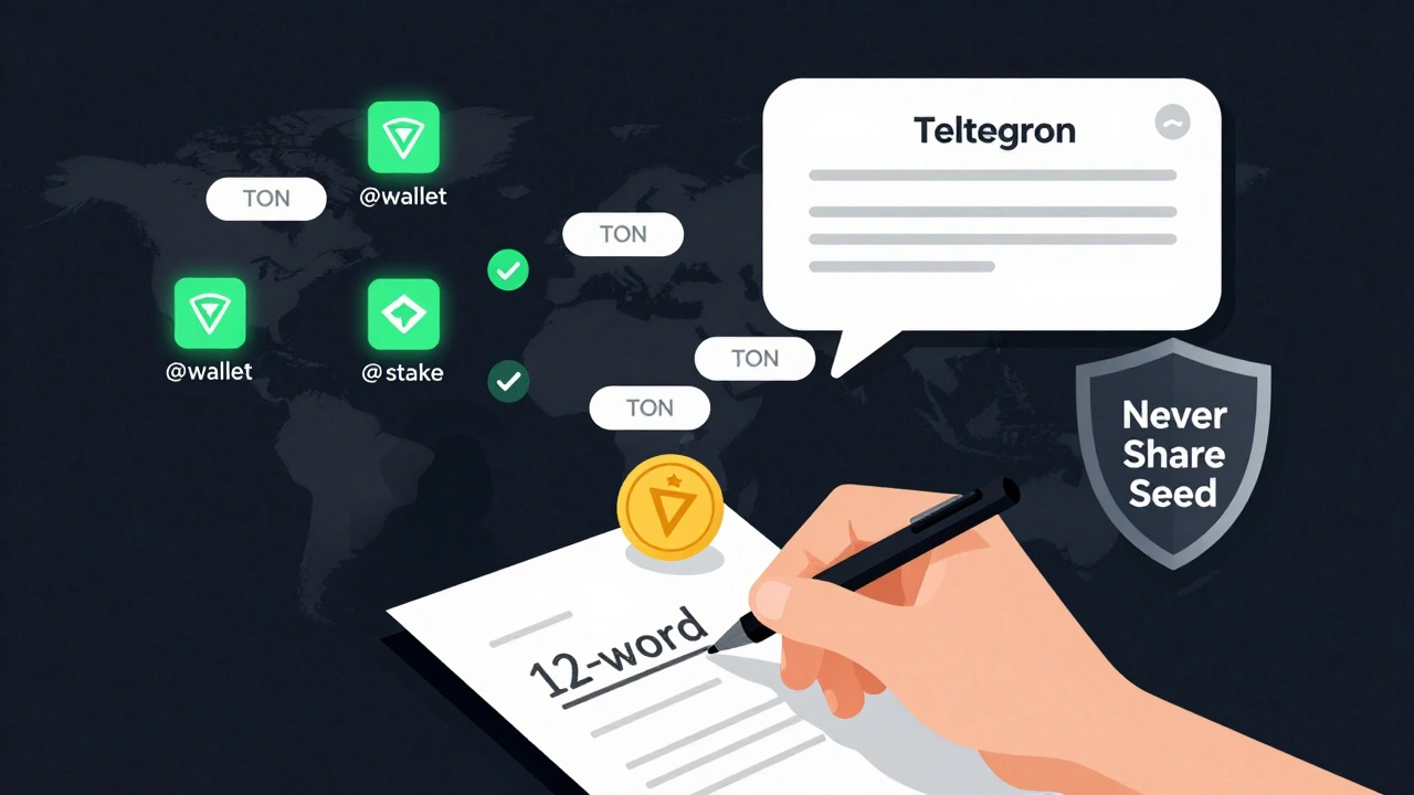 Чат-баббл Telegram превращается в блокчейн, а рука записывает восстановительную фразу — официальные боты с зелёными галочками защищают доступ.