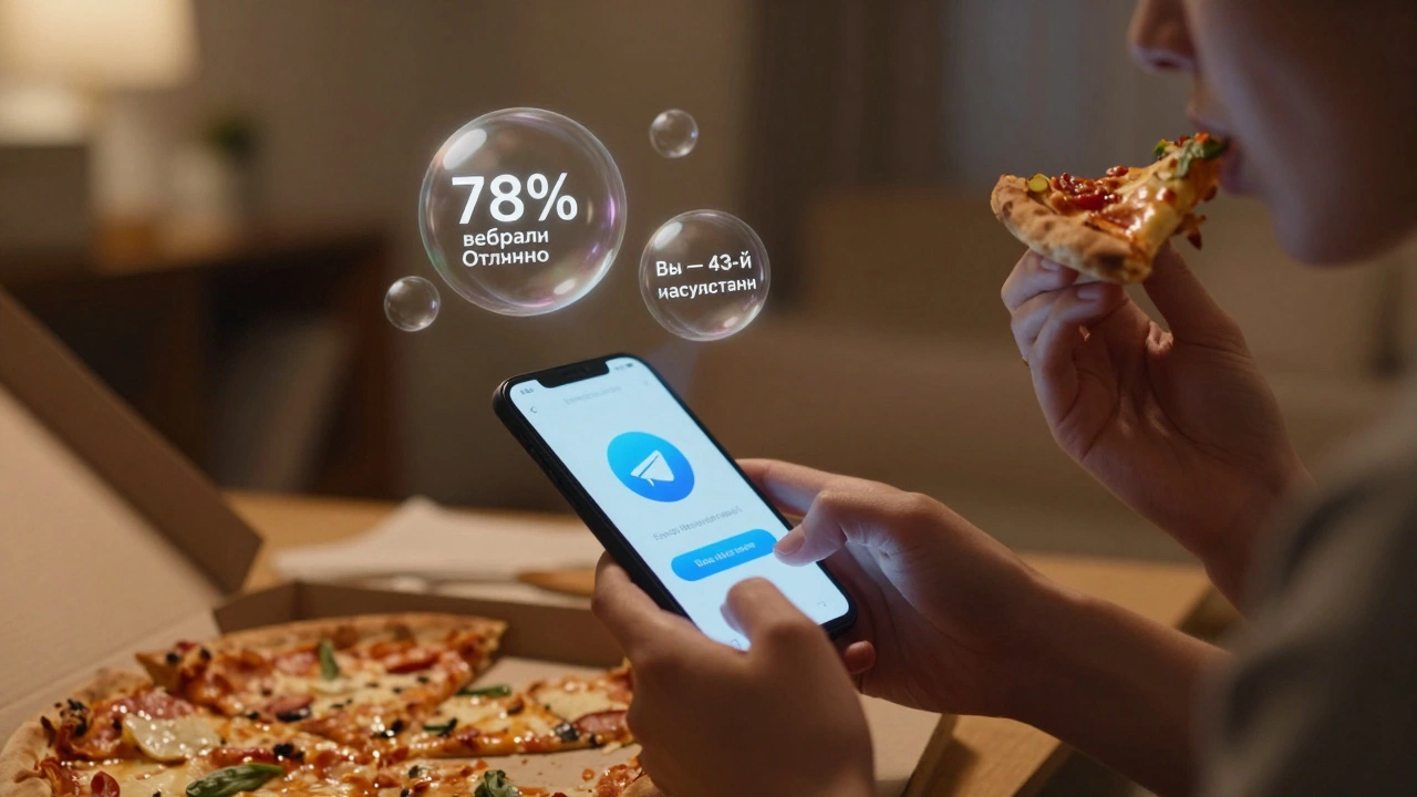 Человек ест пиццу, отвечая на опрос в Telegram, с реальными статистикой в воздухе над телефоном.
