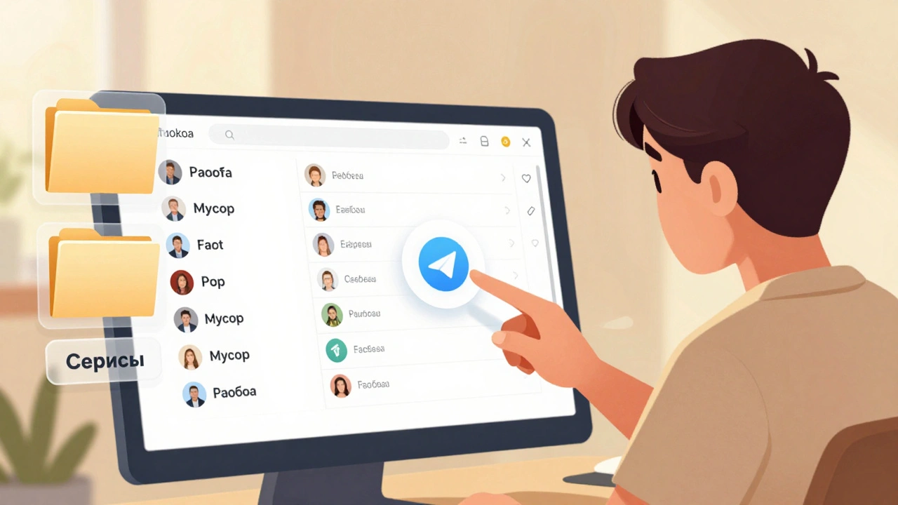 Человек использует Telegram на компьютере с чистым списком чатов и прозрачными папками, плавающими рядом.