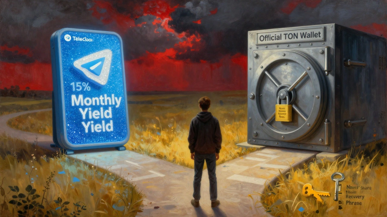 Человек на перекрёстке: один путь ведёт к опасному боту, другой — к безопасному официальному кошельку TON.