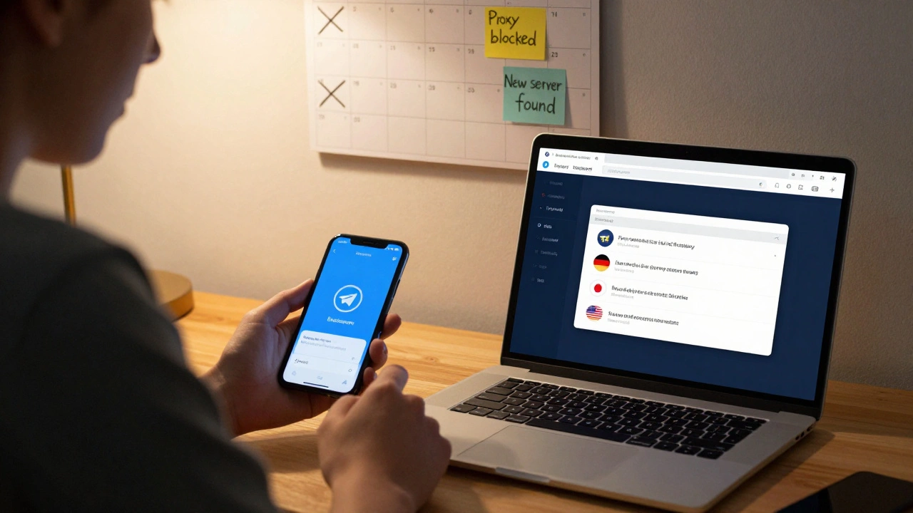 Человек на рабочем столе с телефоном и ноутбуком, рядом календарь с отметками о блокировках и поиске новых серверов