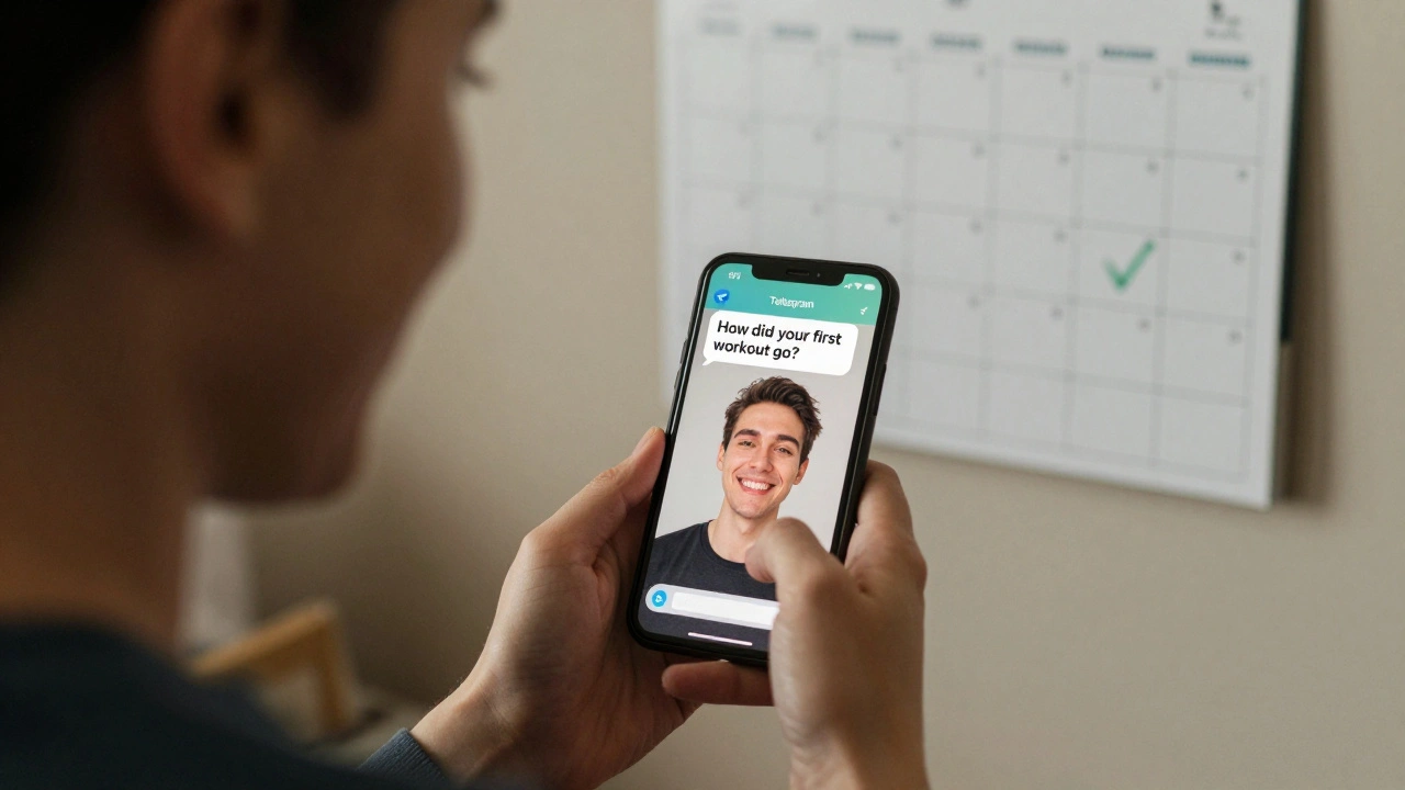 Человек смотрит на телефон с личным сообщением Telegram, на фоне календаря с отметками о вовлеченности.
