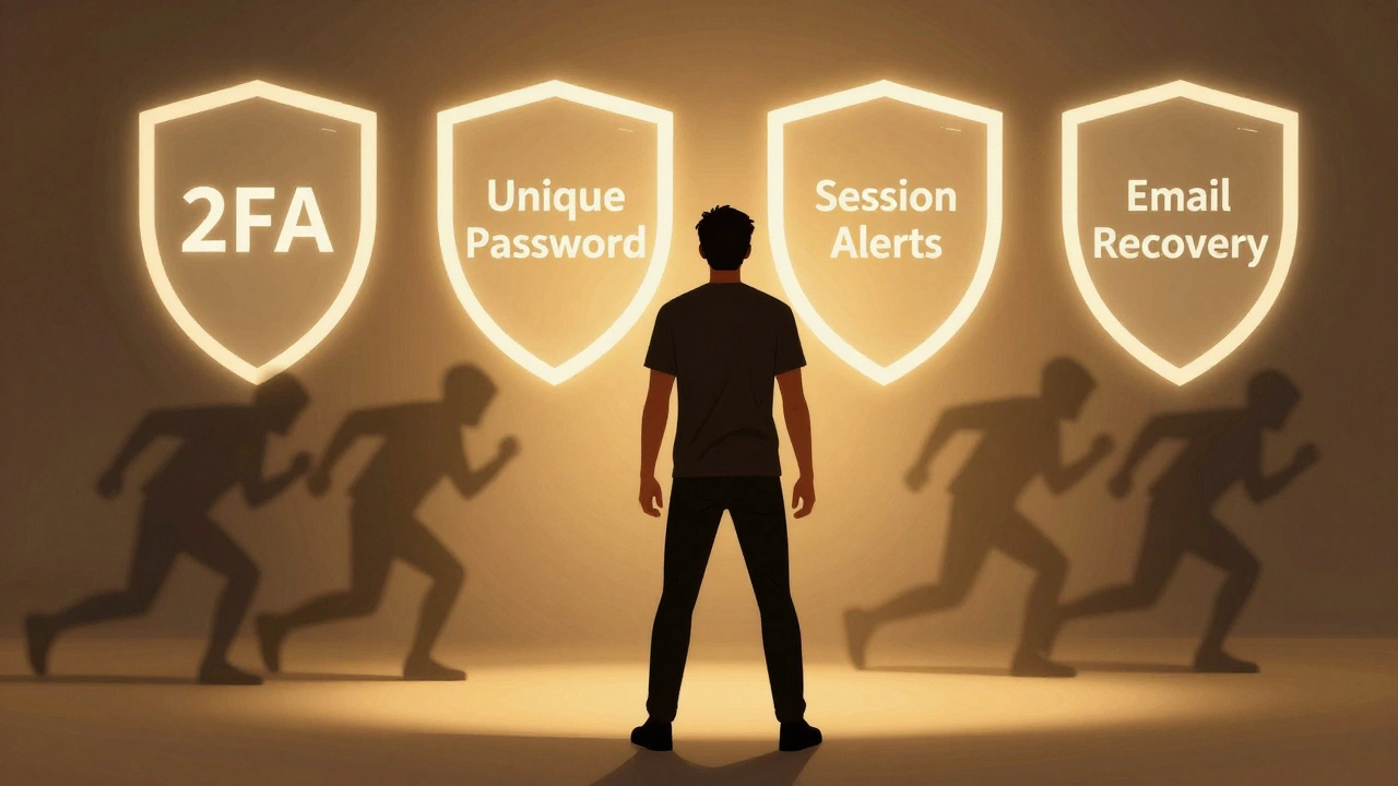 Человек стоит перед щитами защиты Telegram: двухфакторная аутентификация, уникальный пароль, уведомления.