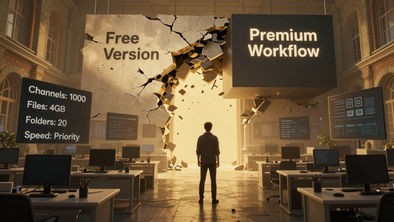 Человек в центре цифрового рабочего пространства, окруженный плавающими метриками Premium, а за спиной рушится стена бесплатной версии.