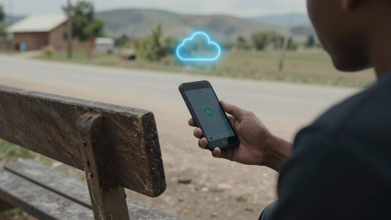 Человек в деревне с телефоном Viber и слабым сигналом, символизирующий надежность в условиях плохого интернета.