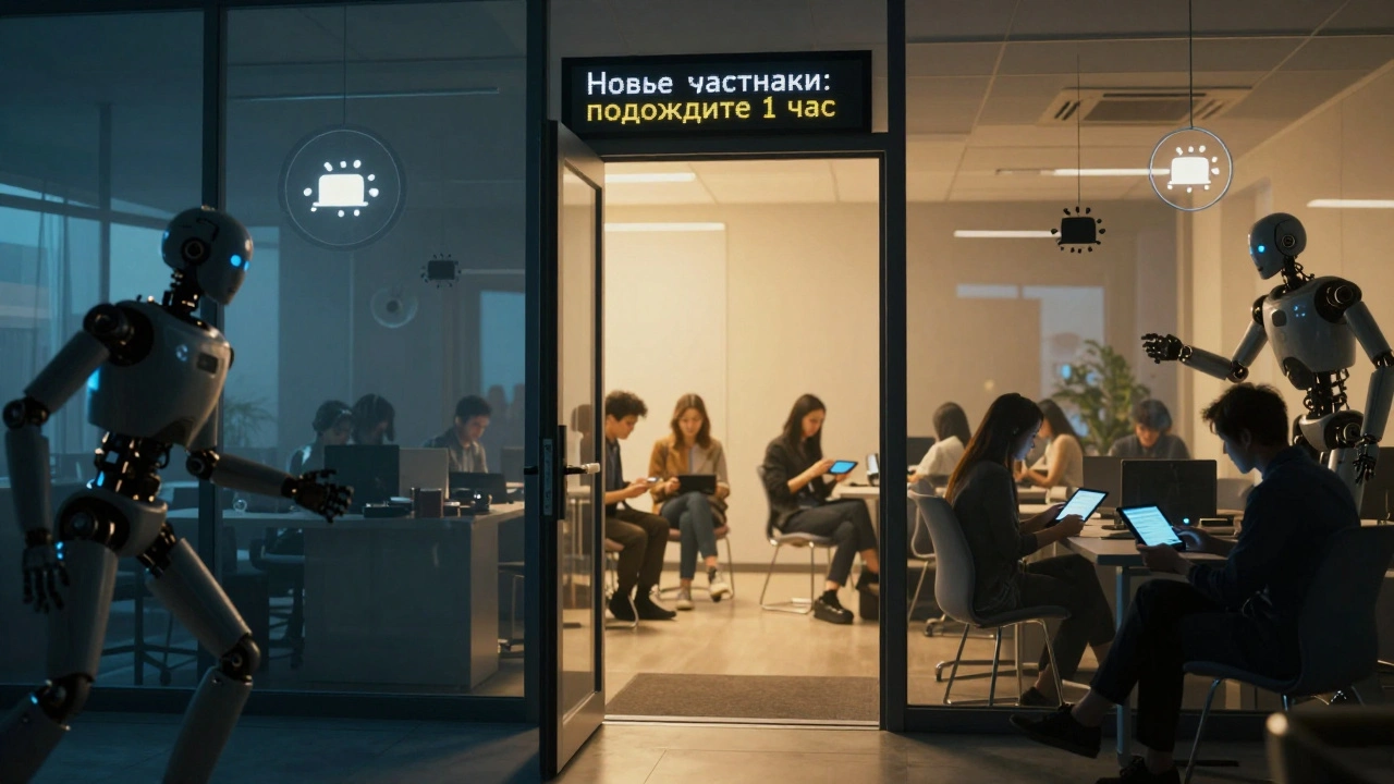 Цифровая дверь с табличкой 'Подождите 1 час': тени ботов снаружи, спокойные люди внутри, золотой свет проникает в помещение.