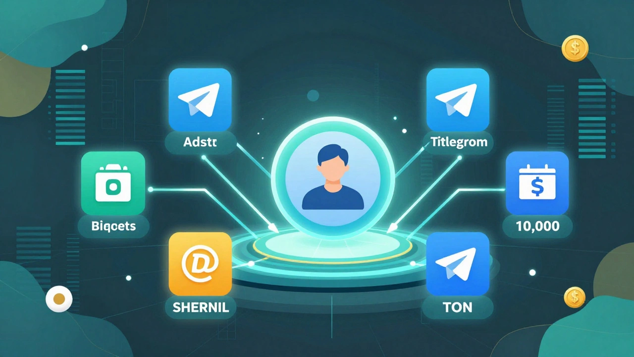 Цифровая иллюстрация экосистемы монетизации Telegram с иконками рекламы, подписок, ботов и криптовалюты.