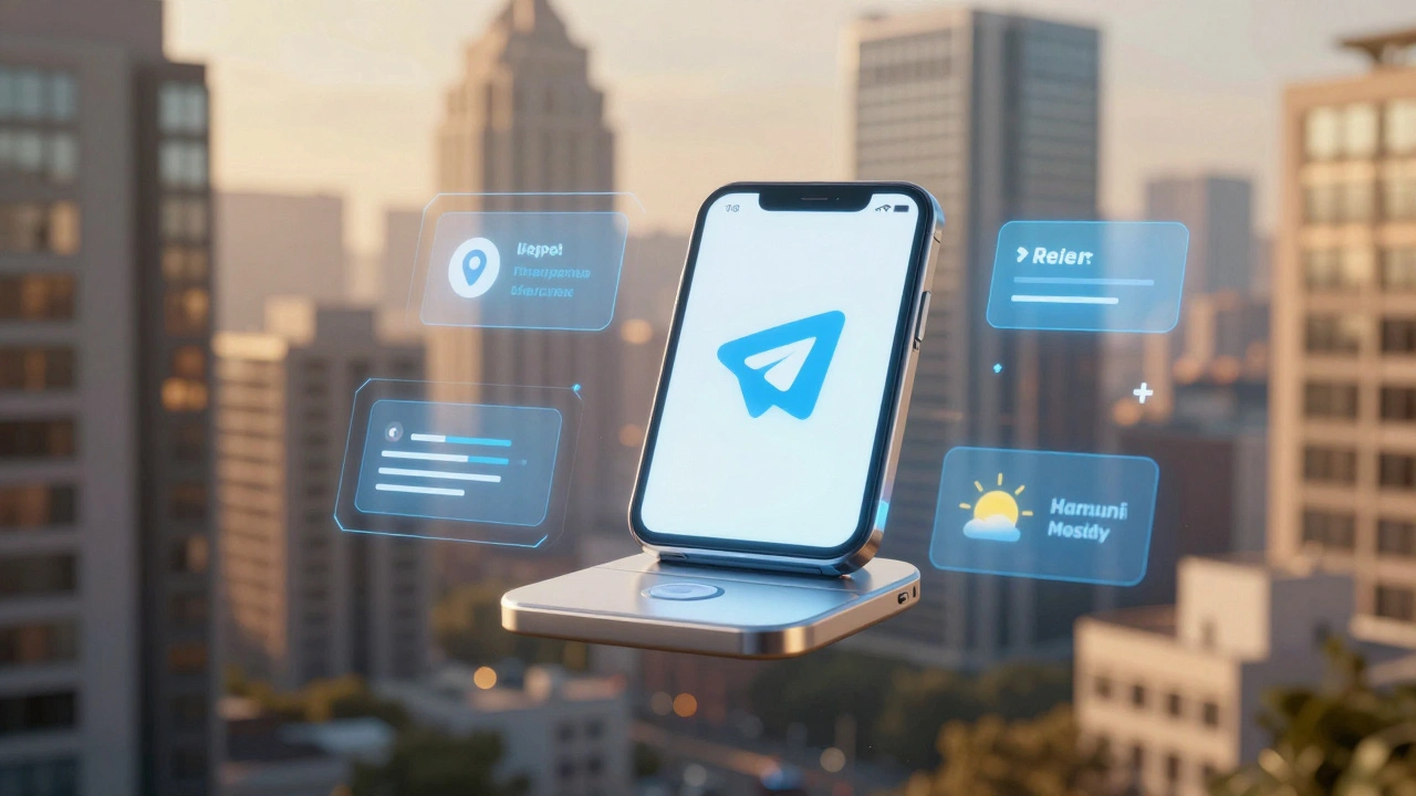 Цифровой ассистент Telegram в городском пейзаже, предоставляющий персонализированные уведомления.