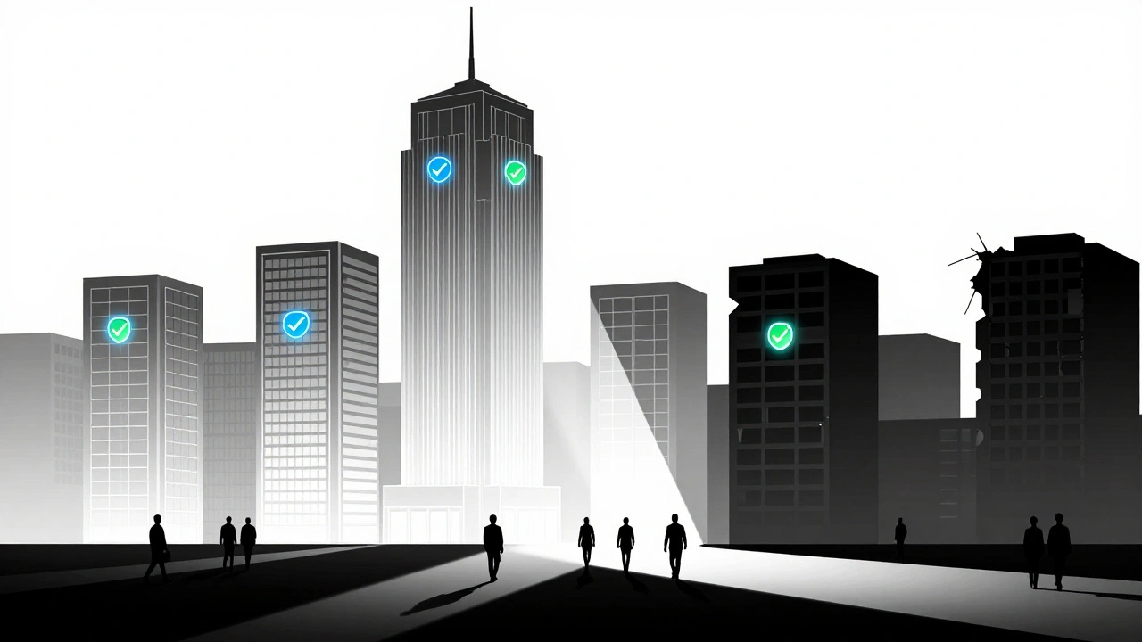 Цифровой город с проверенными зданиями, освещёнными светом, и тёмными поддельными структурами без галочек.