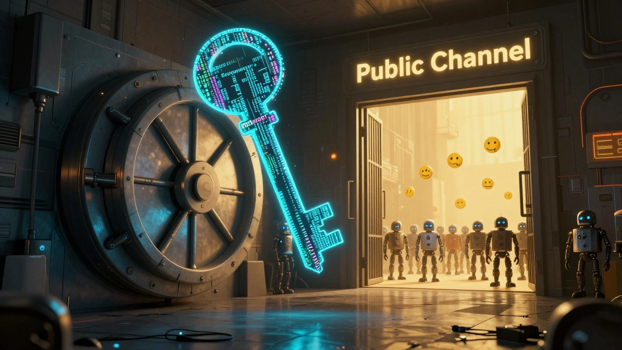 Цифровой ключ перед закрытым сейфом, рядом — открытые ворота с ботами и спам-символами.