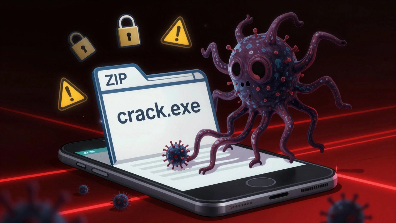 Цифровой вирус в виде теневого существа, выходящего из вредоносного файла на экране Android