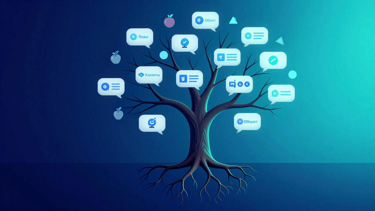Дерево с корнями из чат-сообщений Telegram, ветви которого несут плоды с метками 'Лиды' и 'Клиенты'.