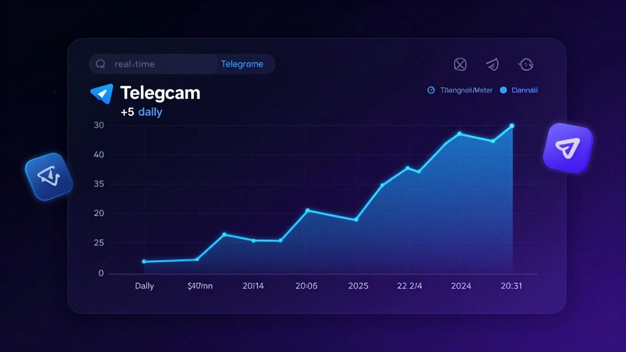 Digital dashboard with growth curves for Telegram channel, showing linear and exponential trends in dark mode with neon data elements.
