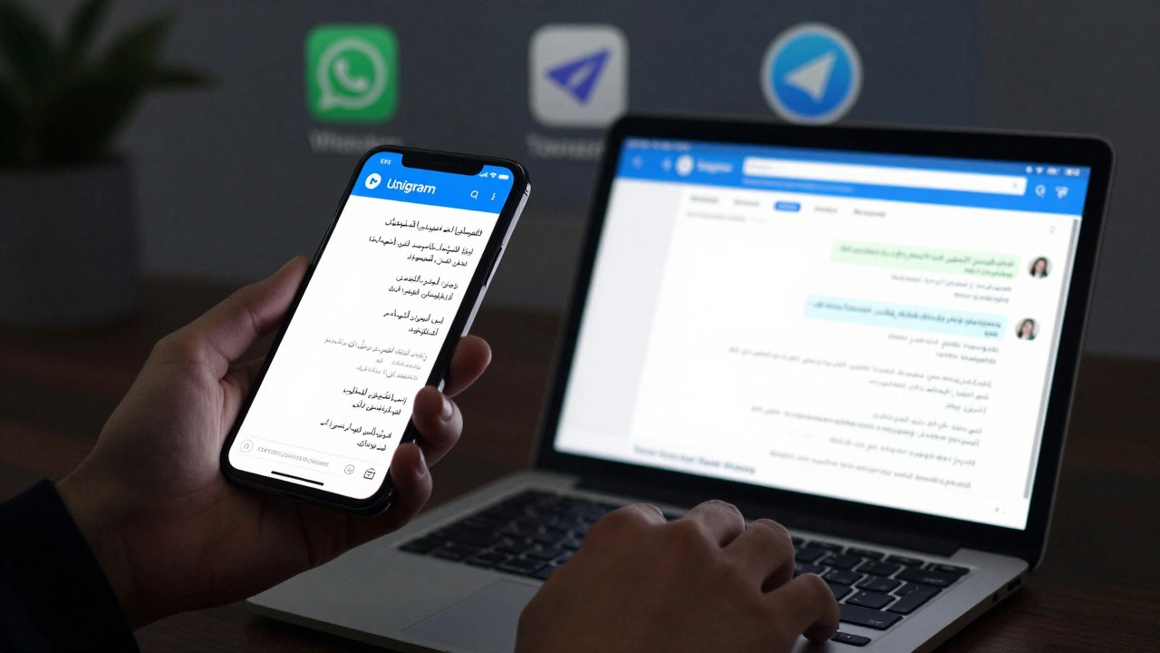 Две руки используют Unigram и Tor Browser для доступа к Telegram, обходя блокировки через мосты и шифрование.